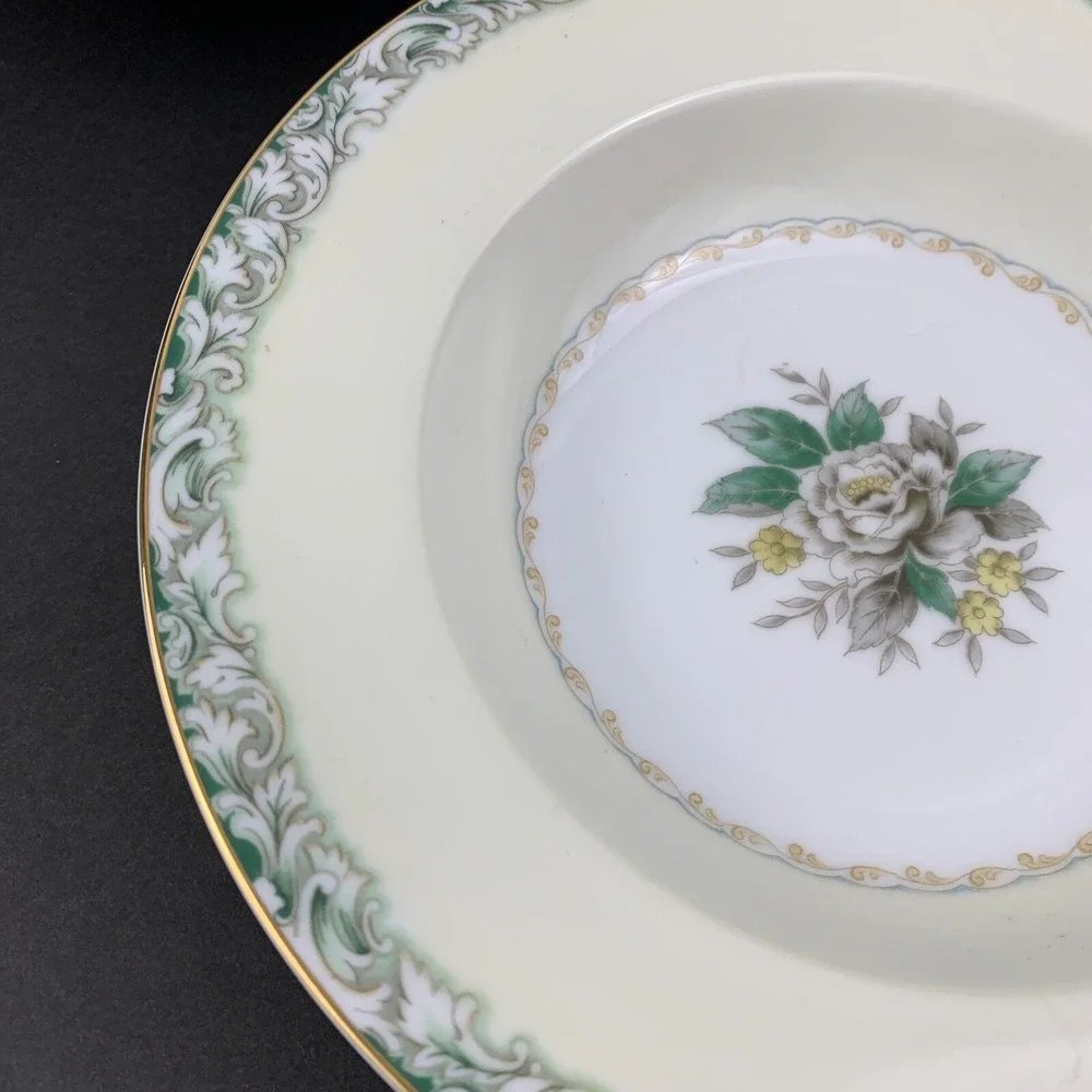 Noritake Mystery #14 Japan China Soup Bowls Green White Rose Gold Trim Set of 3
